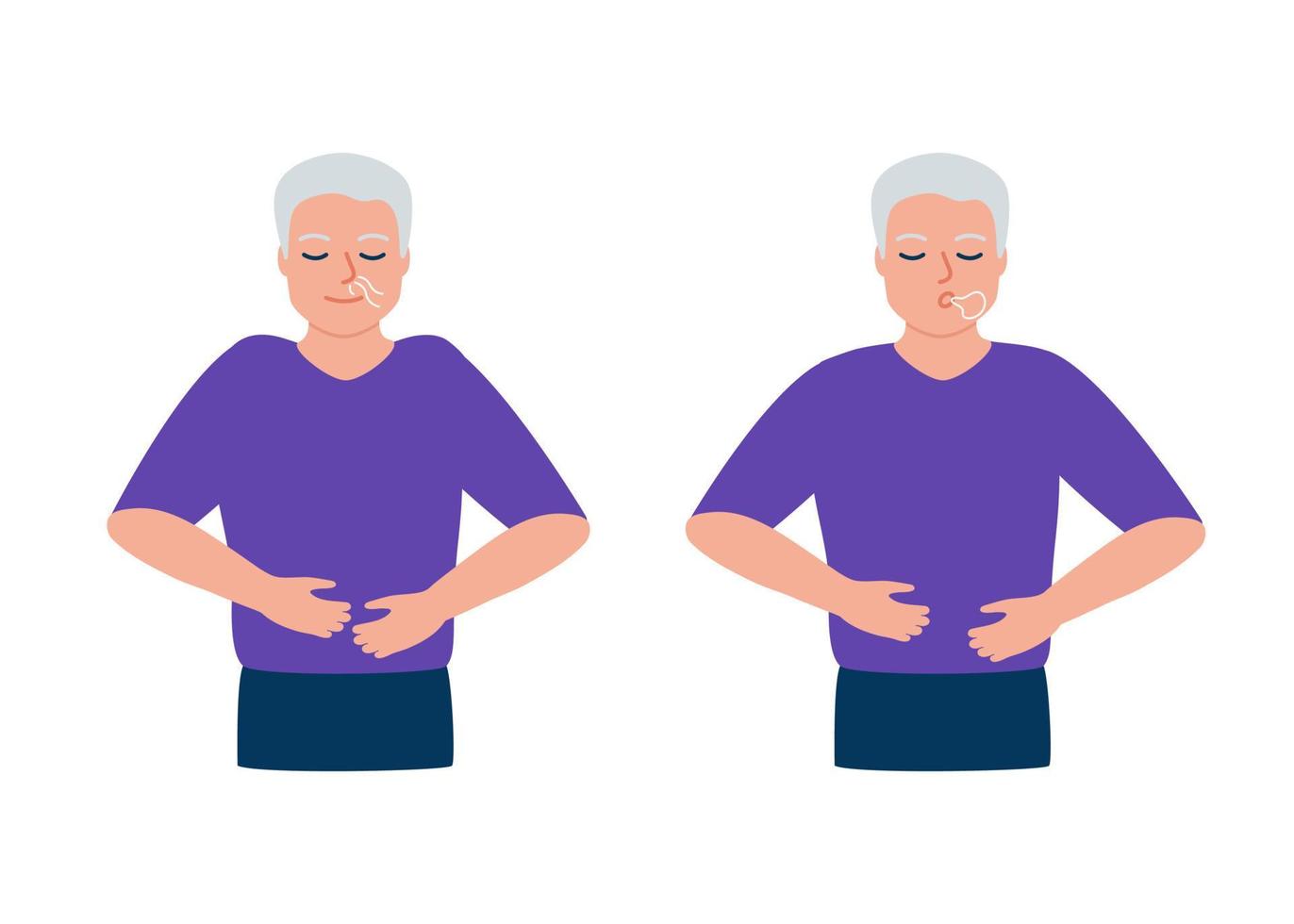 senior man doet ademhalingsoefening, adem diep adem, adem uit en adem in. gezonde yoga en ontspanning voor ouderen. vector illustratie
