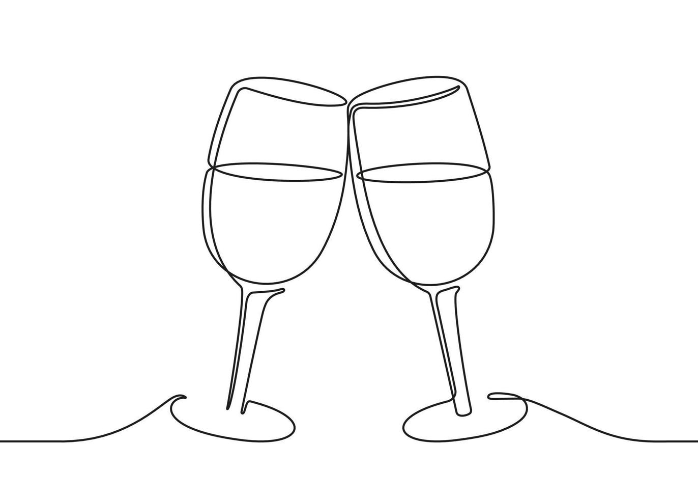 twee wijnglazen gerinkel, doorlopende zwarte lijntekening. vector illustratie