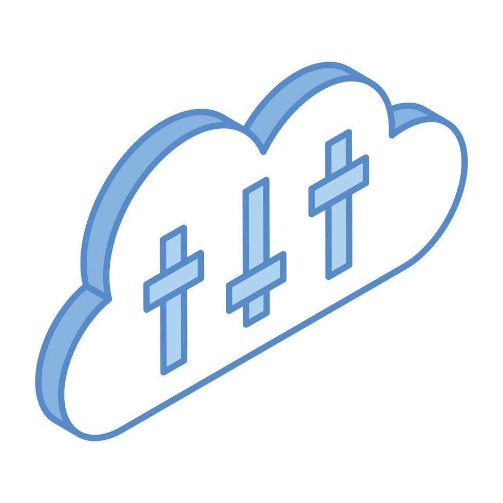 cloud met equalizerknoppen, isometrisch pictogram van hostingconfiguratie vector