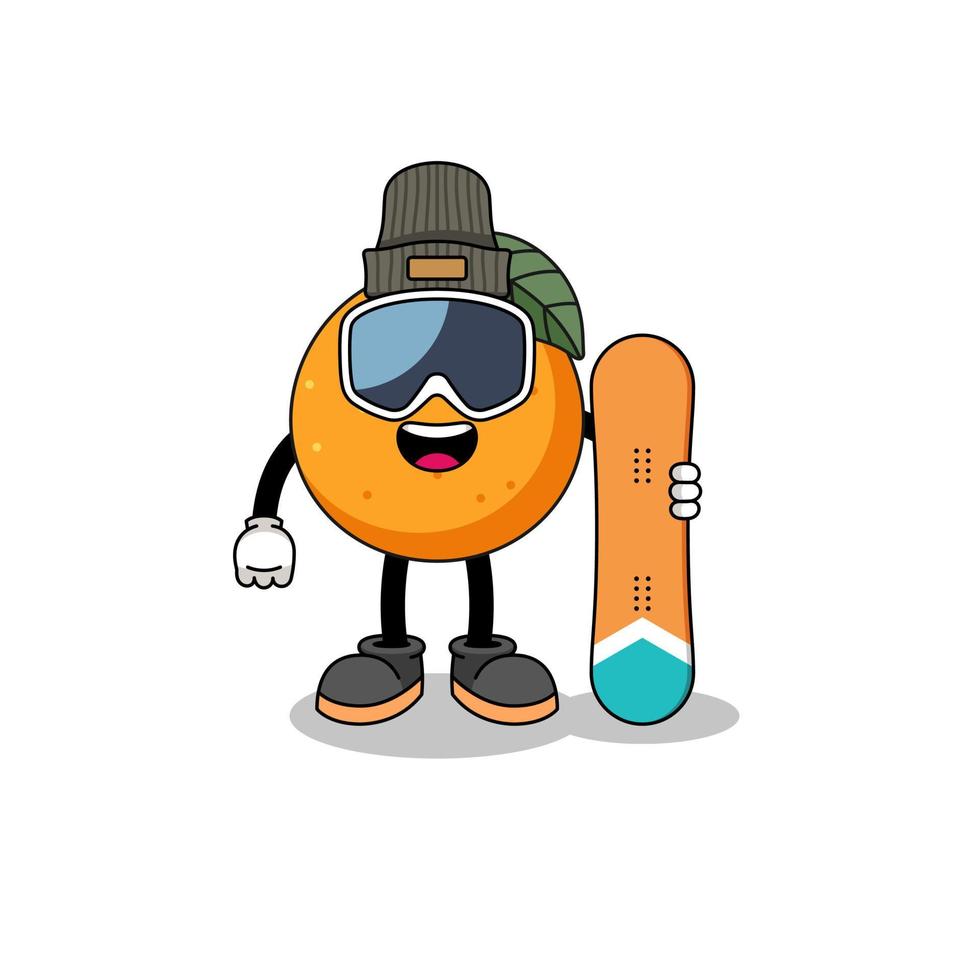 mascotte cartoon van oranje fruit snowboard speler vector