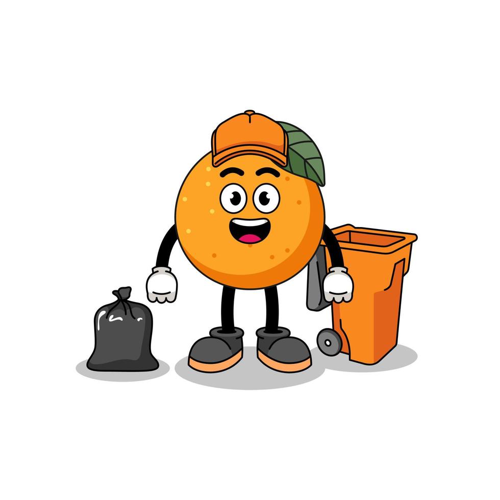 illustratie van oranje fruitcartoon als vuilnisman vector