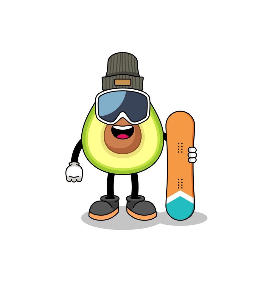 mascotte cartoon van avocado snowboard speler vector