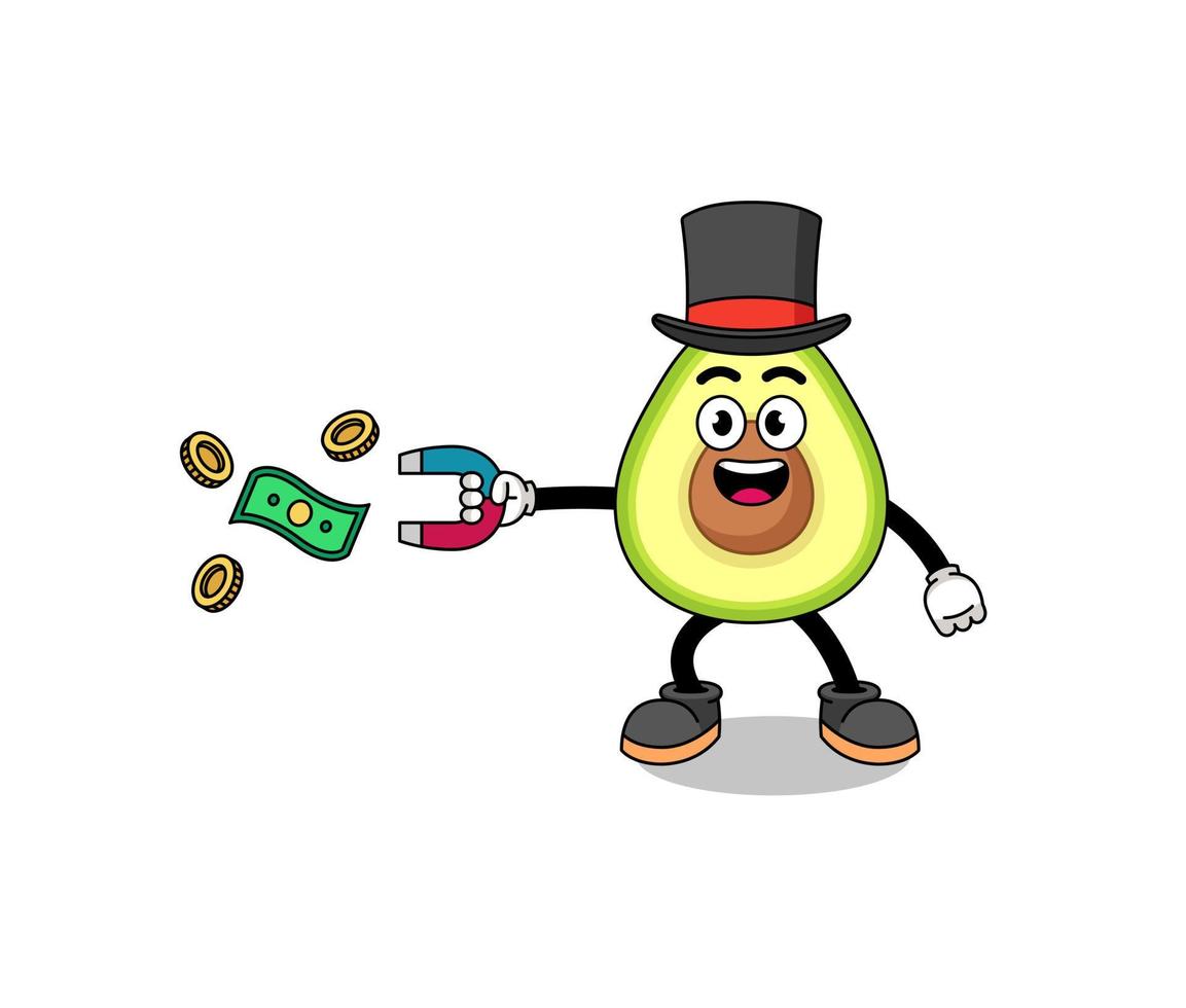 karakterillustratie van avocado die geld met een magneet vangt vector