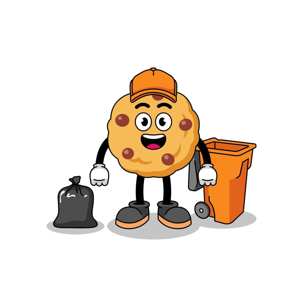illustratie van chocolate chip cookie cartoon als vuilnisman vector