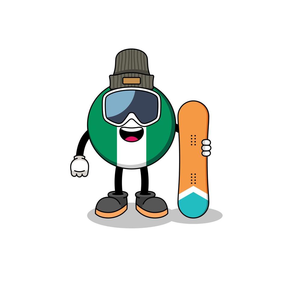 mascotte cartoon van nigeria vlag snowboard speler vector