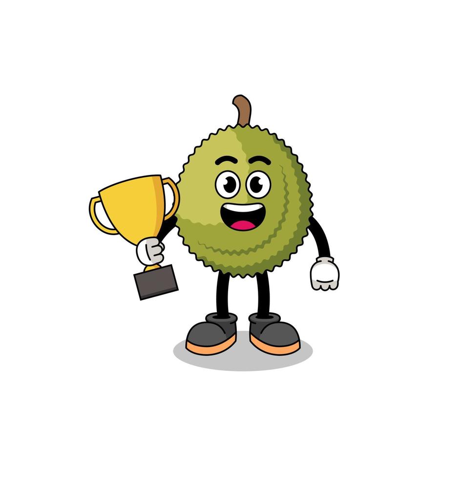 cartoon mascotte van durian fruit met een trofee vector