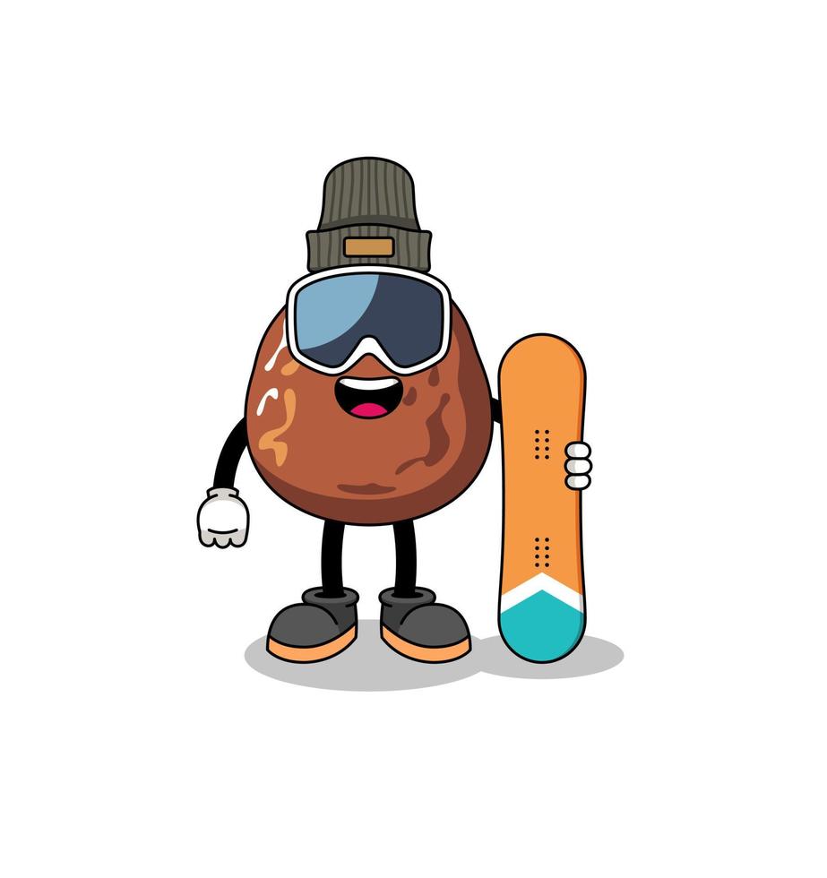 mascotte cartoon van date fruit snowboard speler vector