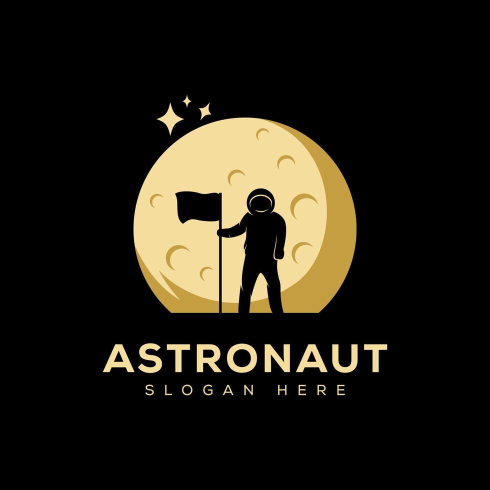 astronaut met maan logo, sihouette nacht maan logo vector ontwerpsjabloon