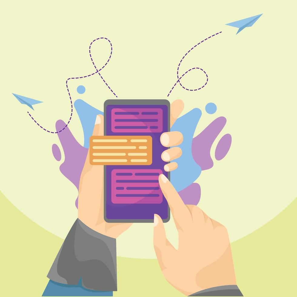 hand met mobiele telefoon tijdens het sms'en gratis vector