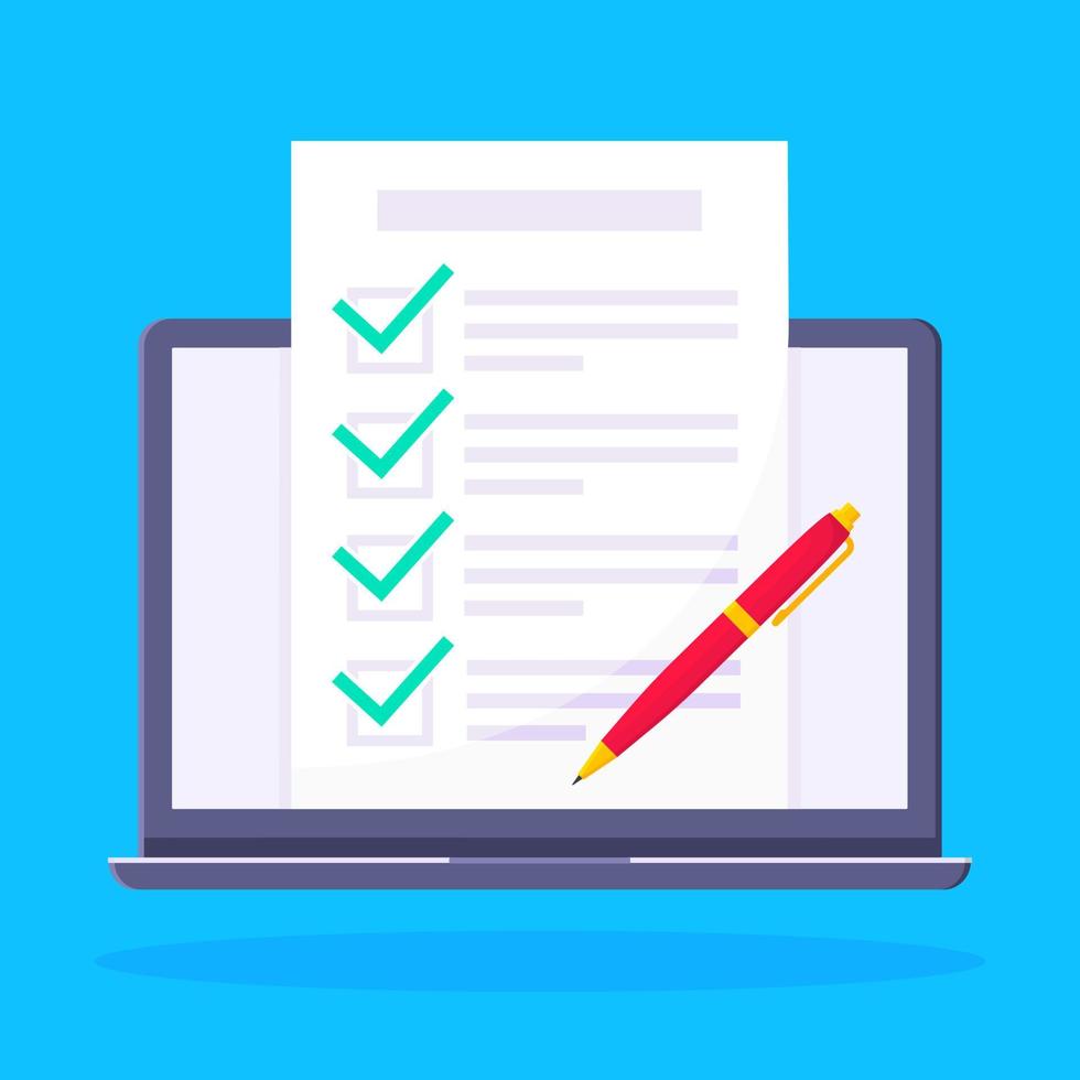 complete checklist met vinkjes boven het beeldscherm van de notebook. vector
