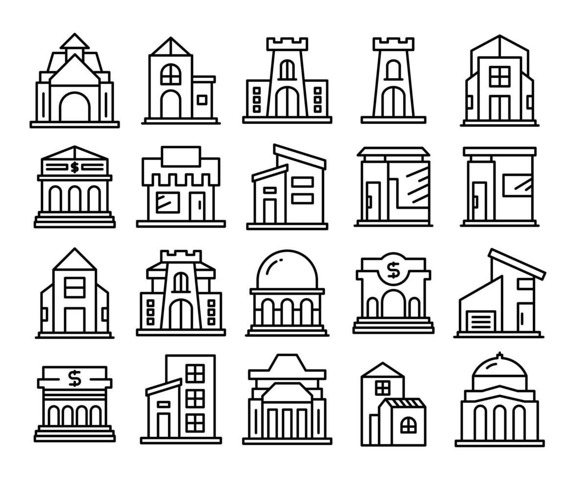 kasteel, bank en fort rooilijn iconen set vector