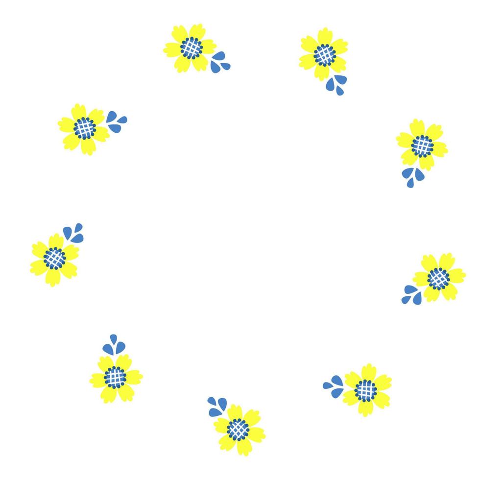 rond frame met bloeiende gele bloemen. ansichtkaart servet in gele en blauwe tinten, kleuren van de Oekraïense vlag. vectorillustratie. bloemmotief voor decor, design, print en servetten vector