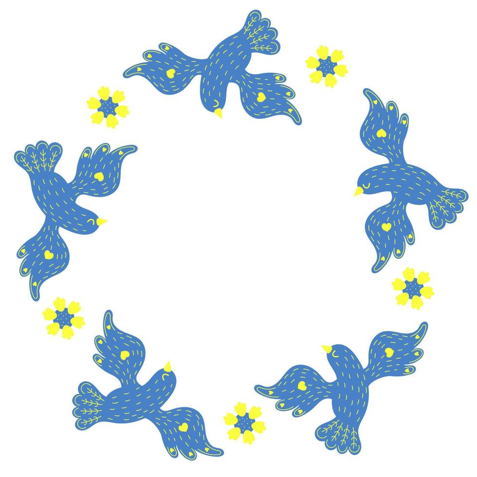 ronde frame met blauwe vogels duif en gele bloemen zonnebloem. servet in gele en blauwe kleuren, van Oekraïense vlag. vectorillustratie. bloemmotief voor decor, design, print en servetten vector