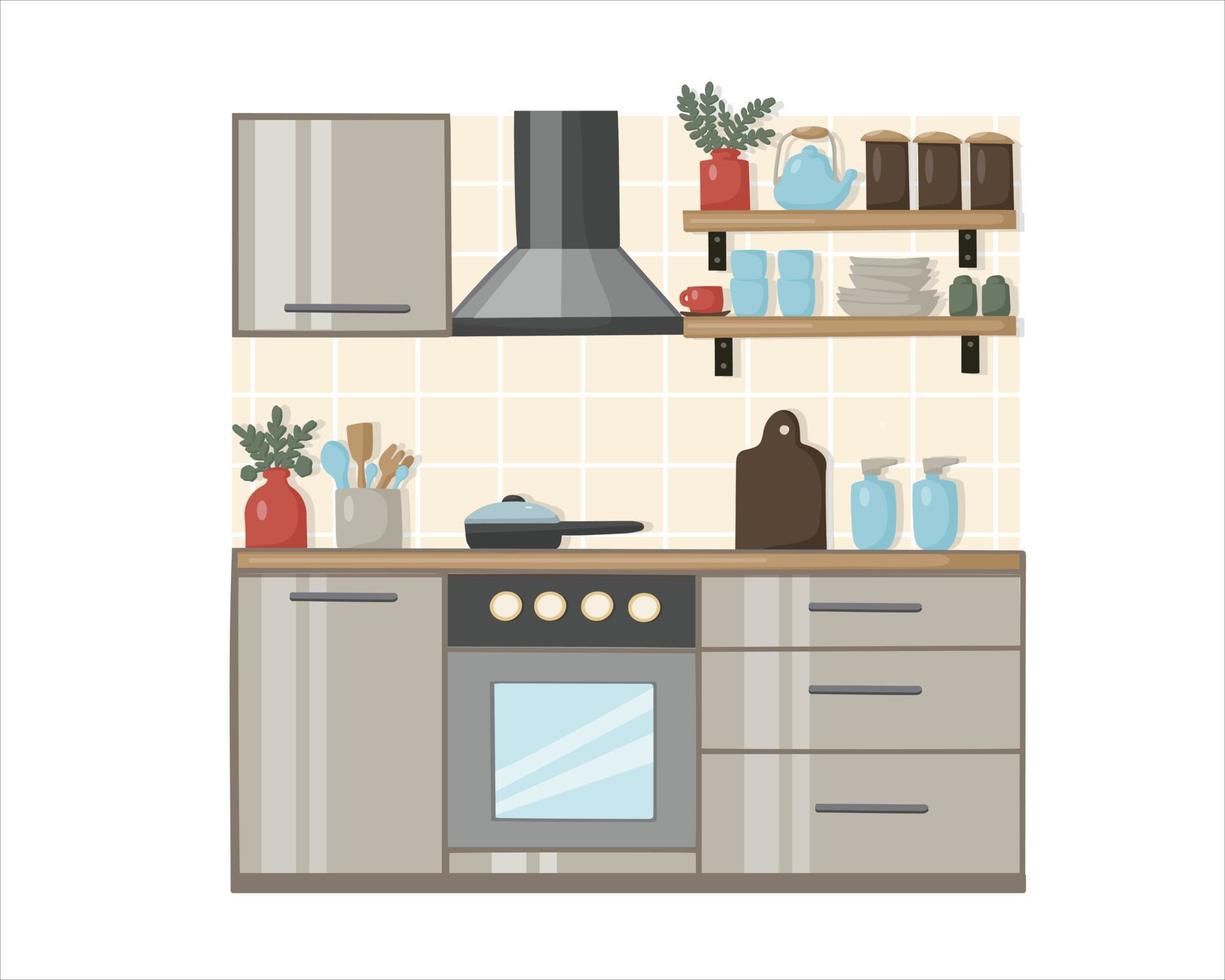 keuken interieur met moderne meubels en apparaten. vlakke stijl koelkast, fornuis en afzuigkap. kookgerei en keukengerei vector