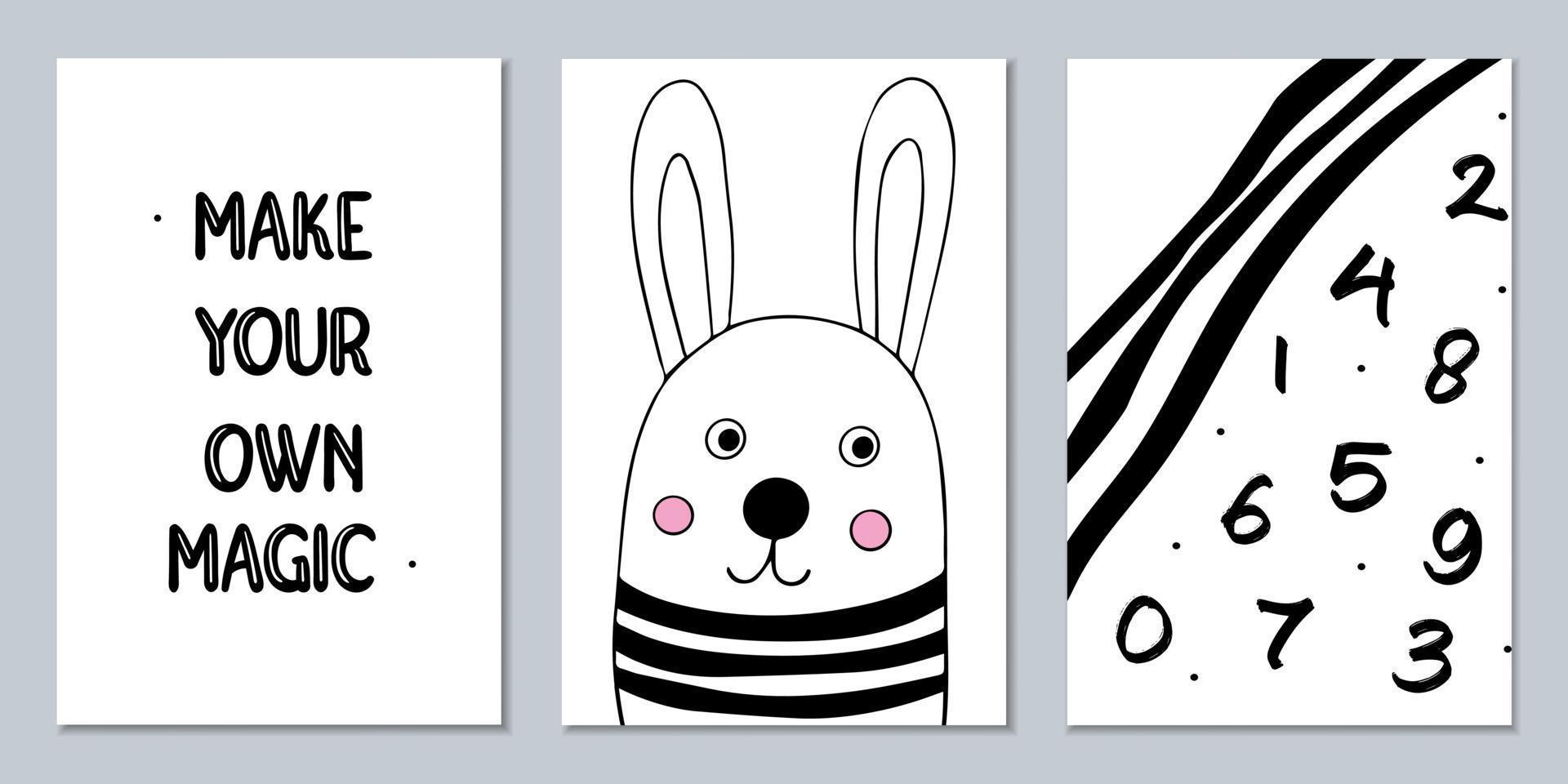 set scandinavische monochrome posters met dieren en bijschriften. zwart-wit kunst aan de muur om een kinderkamer te versieren vector