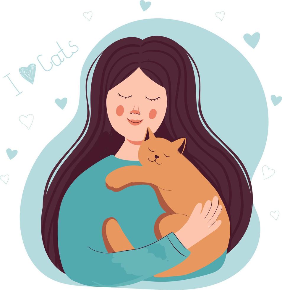 schattig meisje met een kat in haar armen. portret van een gelukkig baasje met zijn geliefde huisdier. vriendelijkheid en liefde voor dieren vector