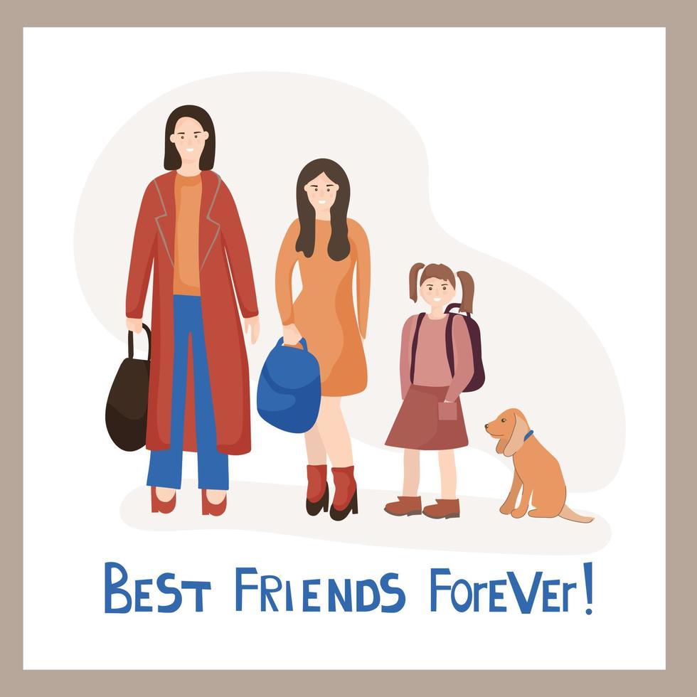 een gelukkig gezin - een moeder, twee dochters en een hond. beste vrienden vector