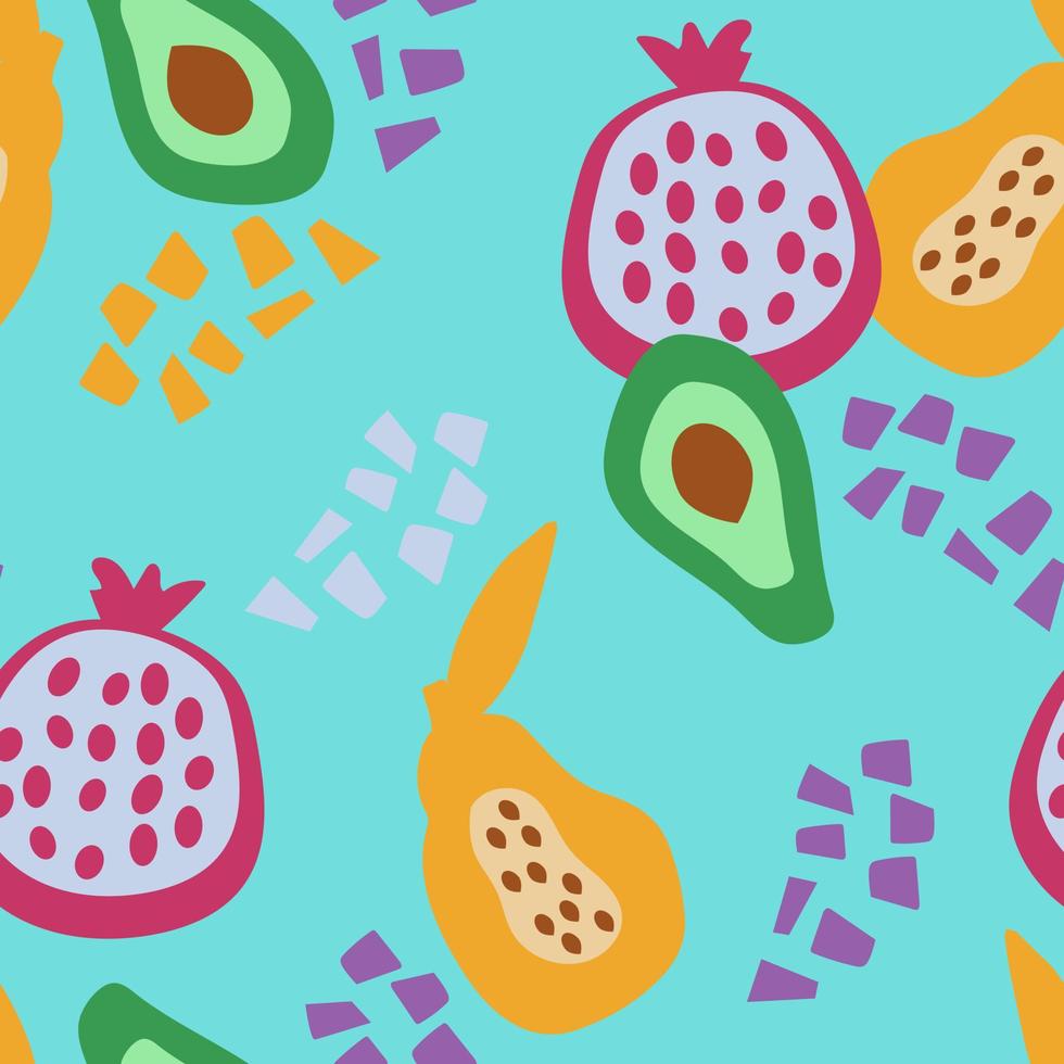 abstracte naadloze tekening. handgetekende fruit in een eenvoudige vorm. verse granaatappel, papaja en avacado. vector