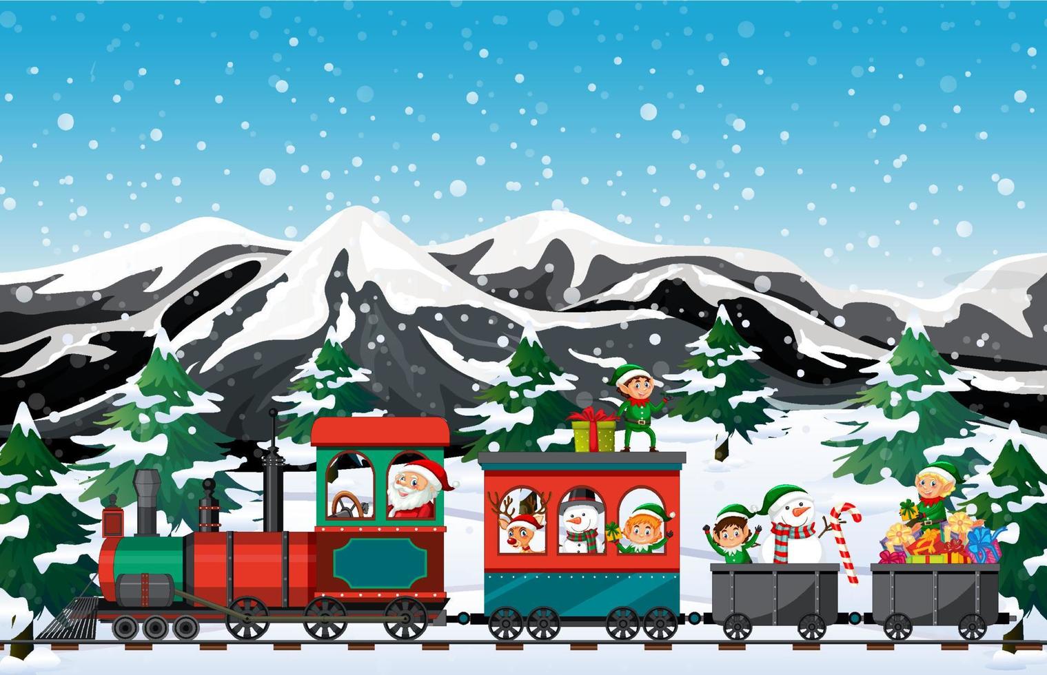 trein rijden met de kerstman en elfjes vector