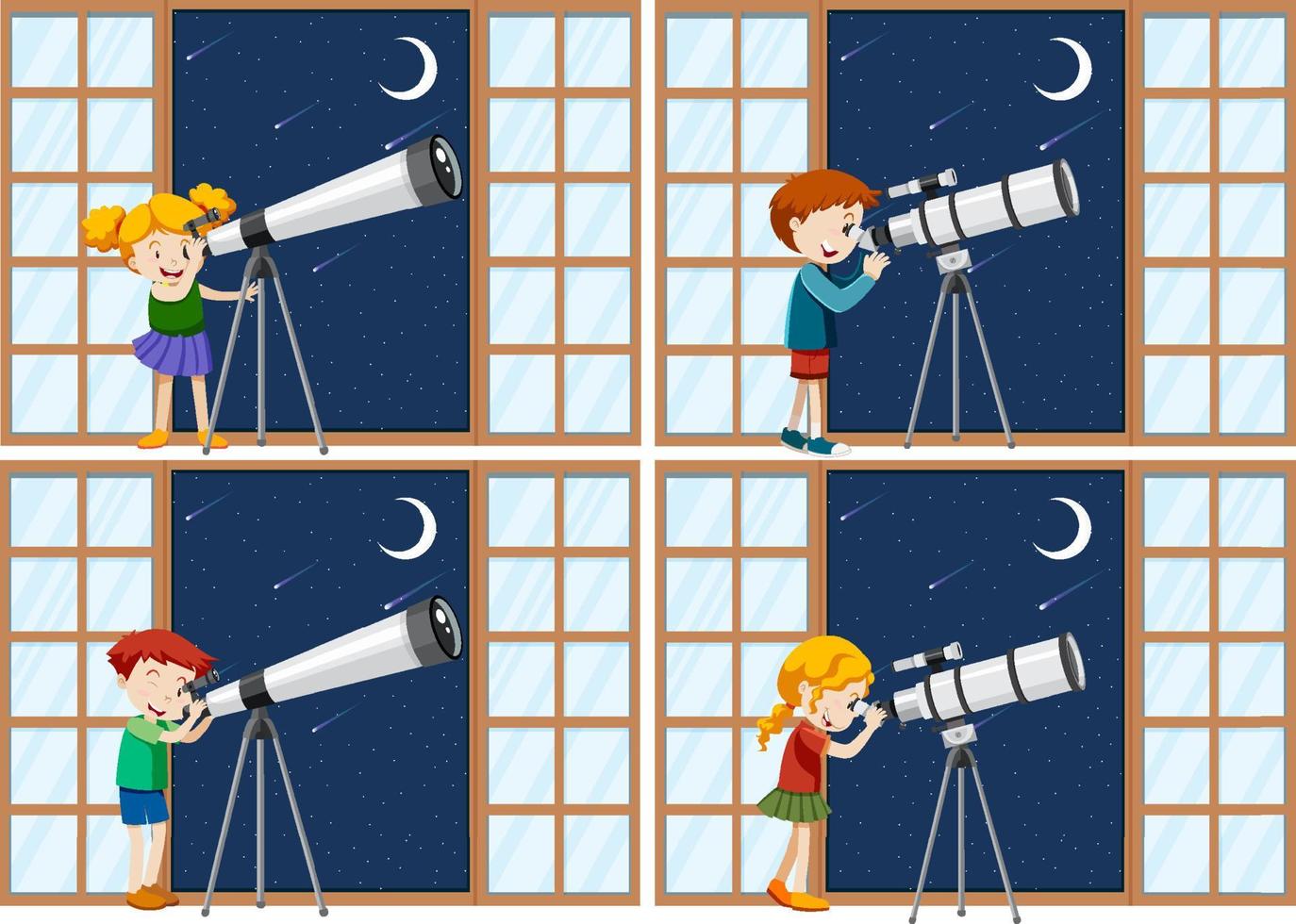 set van verschillende kinderen observeren de nachtelijke hemel met een telescoop vector