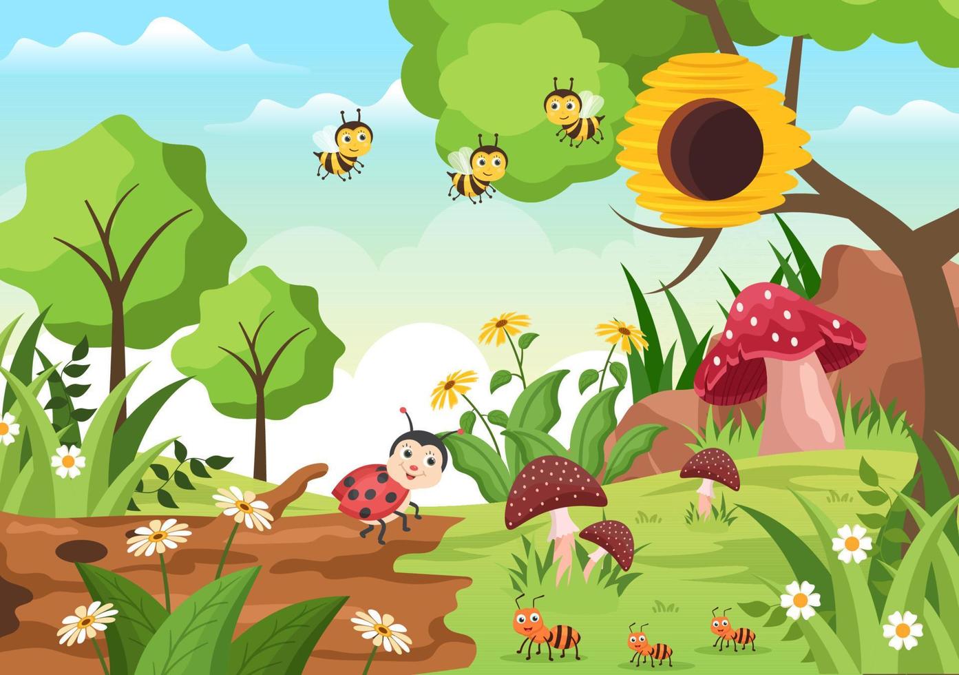 prachtige tuin cartoon achtergrond afbeelding met landschap aard van planten, verschillende dieren, bloemen, bomen en groen gras in platte ontwerpstijl vector