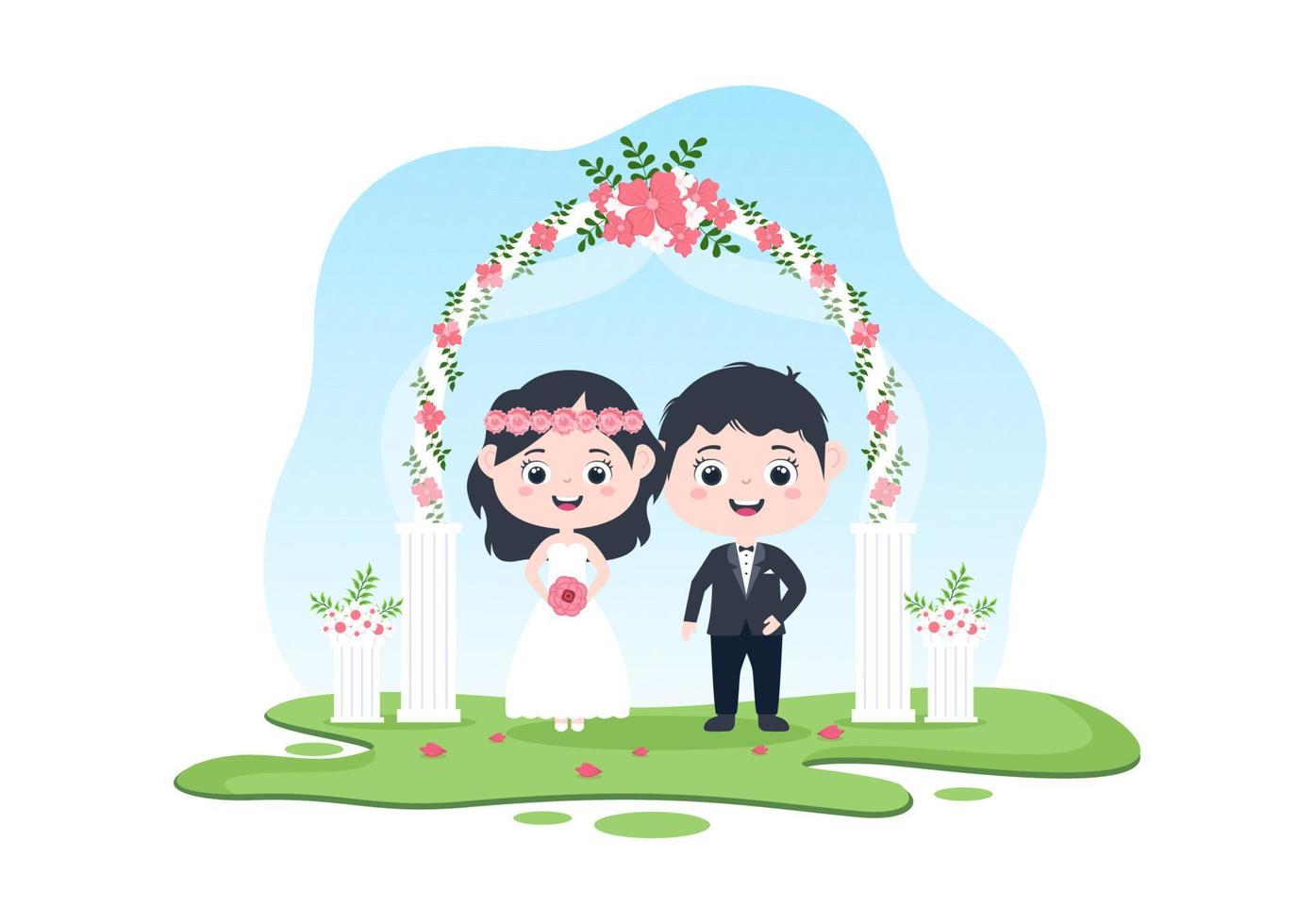 gelukkig paar dat huwelijk of gehuwde ceremonie viert met mooie bloemdecoraties buitenruimte in vlakke achtergrond cartoon stijlillustratie vector