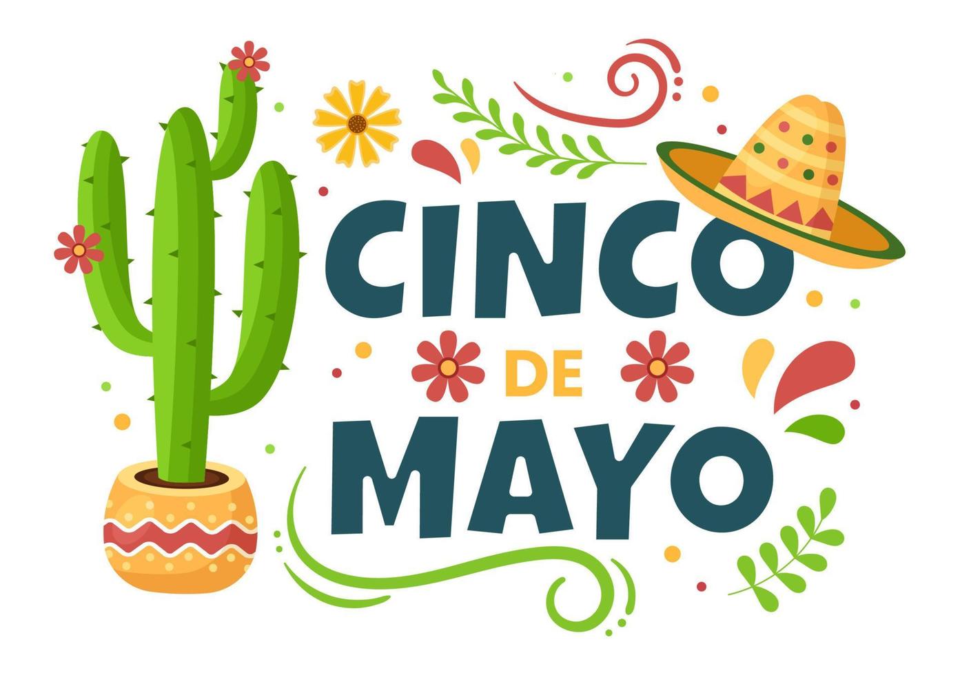 cinco de mayo Mexicaanse vakantie viering cartoon stijl illustratie met cactus, gitaar, sombrero en tequila drinken voor poster of wenskaart vector