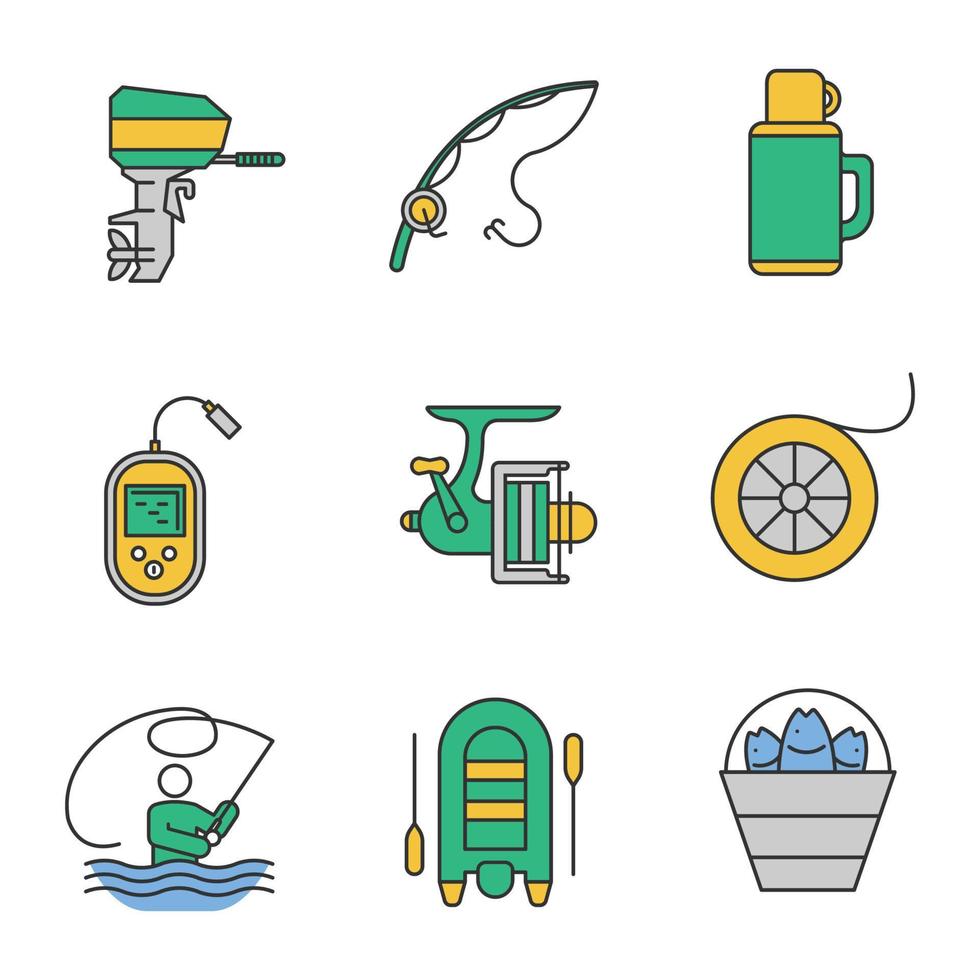 vissen gekleurde pictogrammen instellen. buitenboordmotor boot, visser, thermoskan, echolood, vislijnspoel, emmer met vangst, spinhengel en haspel, boot. geïsoleerde vectorillustraties vector