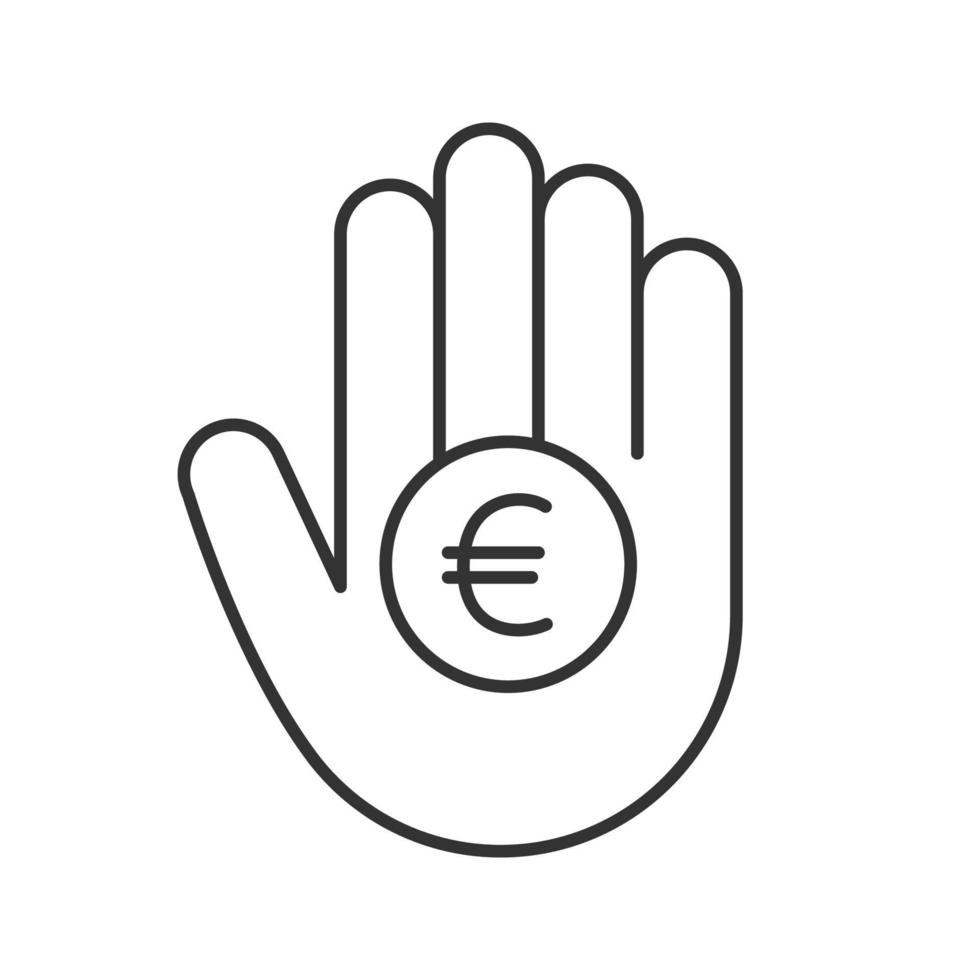 hand met euro lineaire pictogram. munteenheid van de europese unie. dunne lijn illustratie. contour symbool. vector geïsoleerde overzichtstekening