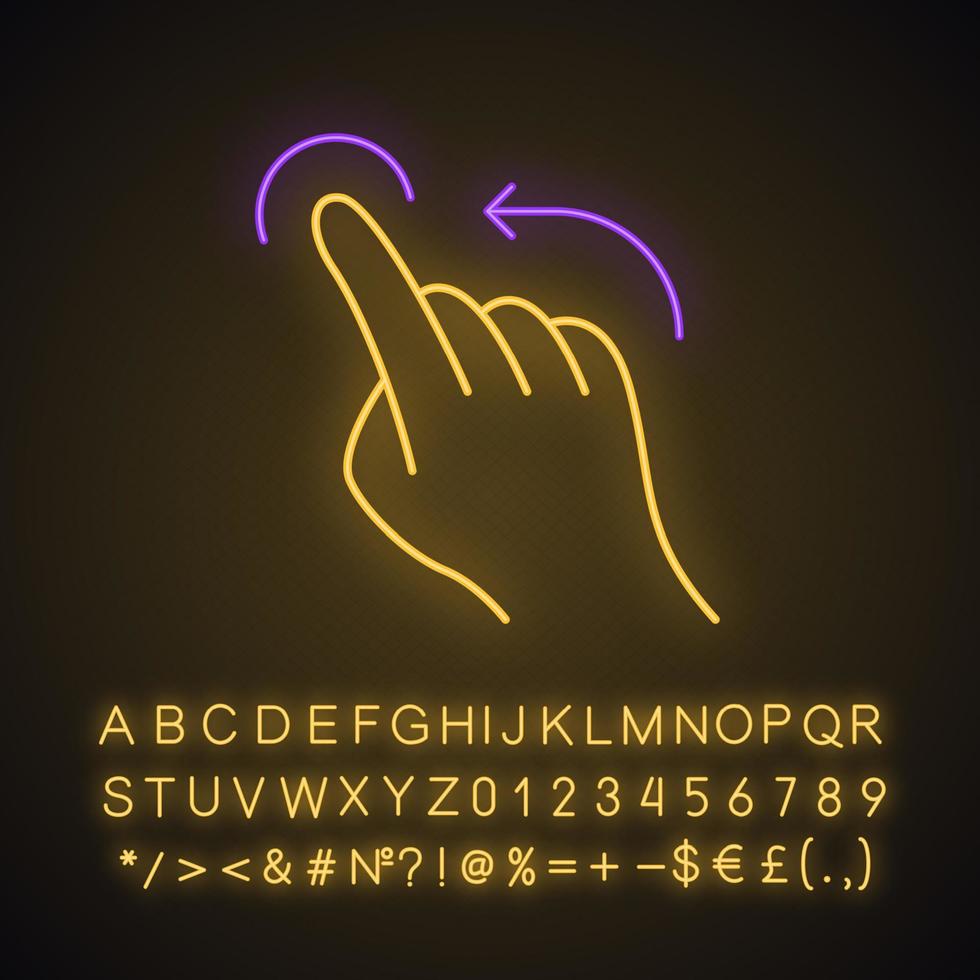 veeg naar links gebarend neonlichtpictogram. touchscreen-gebaar. menselijke hand en vingers. tik, wijs, klik. sensorische apparaten gebruiken. gloeiend bord met alfabet, cijfers, symbolen. vector geïsoleerde illustratie