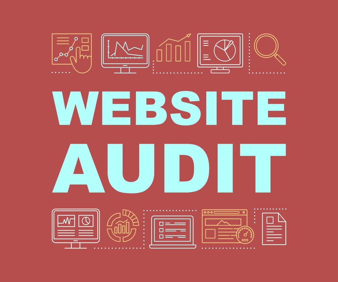 website audit woord concepten banner. digitale marketing. webanalyse, statistieken. seo-onderzoek. presentatie, website. geïsoleerde belettering typografie idee met lineaire pictogrammen. vector overzicht illustratie