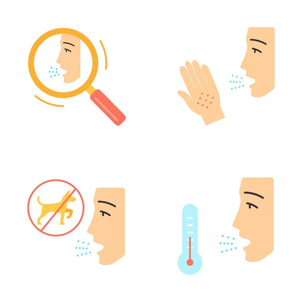 allergieën platte ontwerp lange schaduw kleur iconen set. allergische reacties en diagnose. luchtweg- en huidaandoeningen. overgevoeligheid van het immuunsysteem. medisch probleem. vector silhouet illustraties