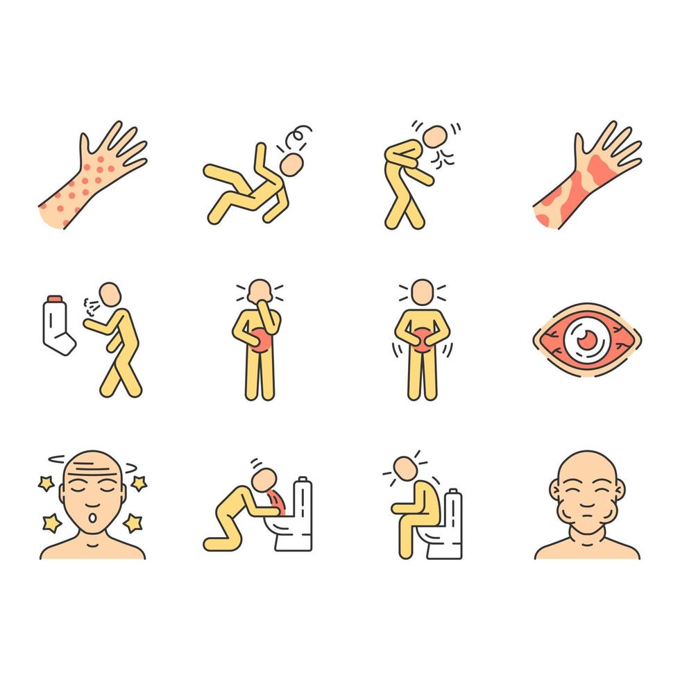 allergie symptomen kleur pictogrammen instellen. allergische reactie, luchtweginfectie. conjunctivitis, contactdermatitis, voedselvergiftiging. zomer, lente seizoensgebonden ziekte. geïsoleerde vectorillustraties vector