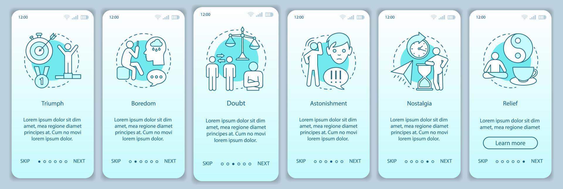 menselijke staten onboarding mobiele app pagina scherm vector sjabloon. triomf, verveling, twijfel, nostalgie, opluchting. walkthrough website stap met lineaire illustraties. ux, ui, gui smartphone-interfaceconcept