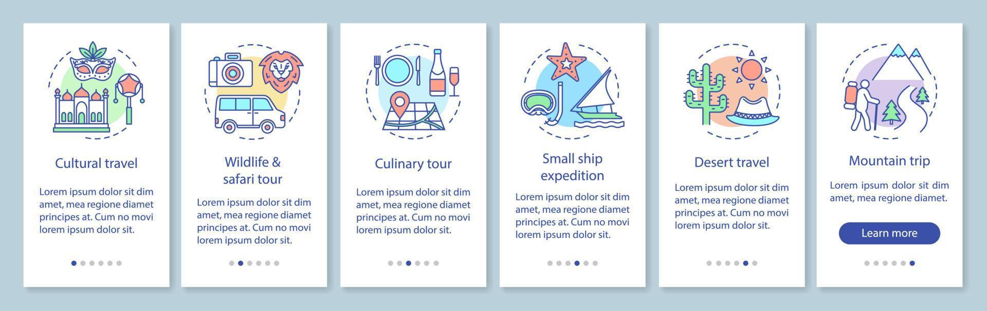 reiservaringen onboarding mobiele app paginascherm met lineaire concepten. culturele en woestijnreizen. zes doorloopstappen grafische instructies. ux, ui, gui vectorsjabloon met illustraties vector