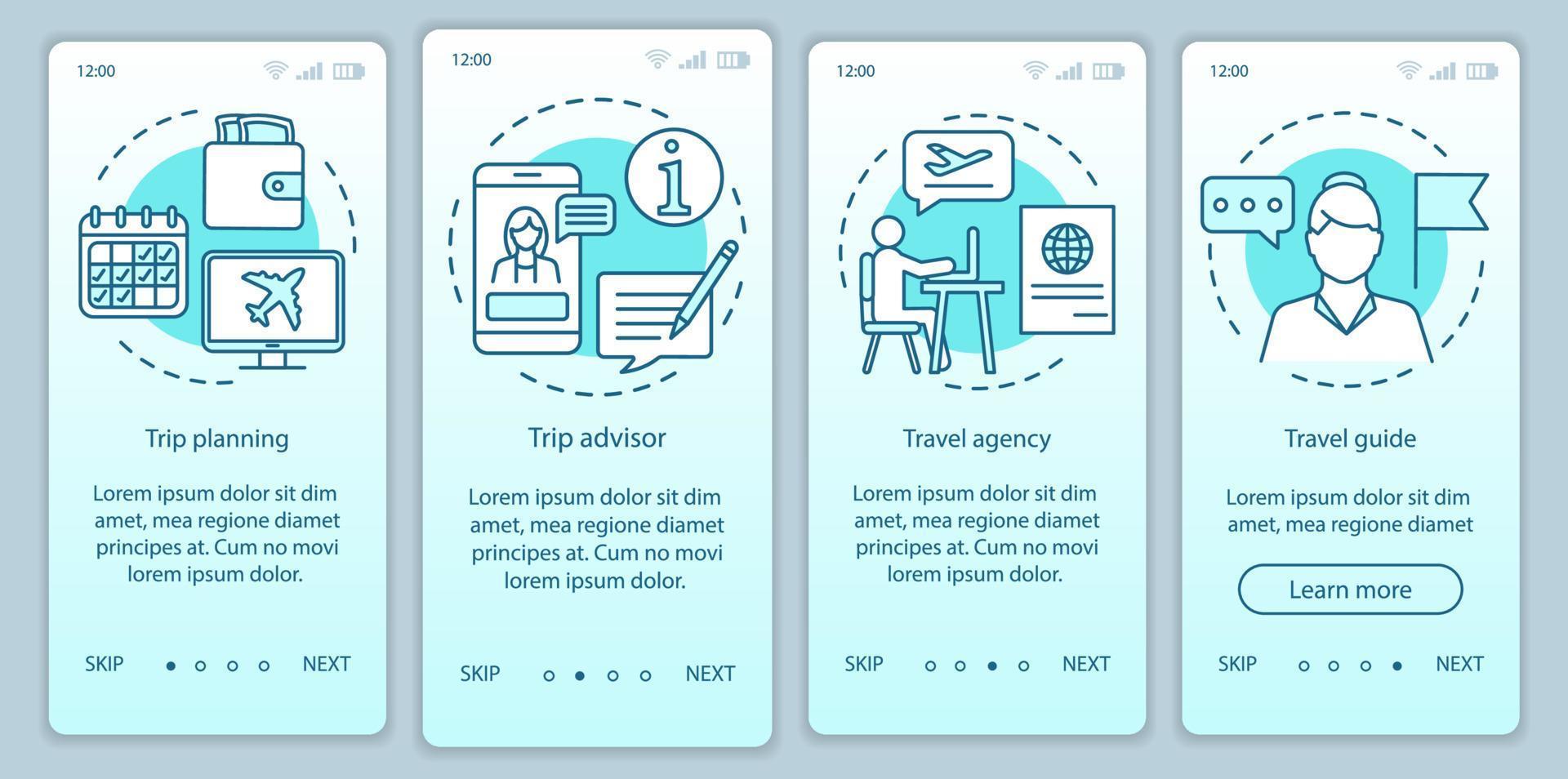 reizen onboarding mobiele app pagina scherm vector sjabloon. reisbureau en gids. reis plannen. walkthrough website stappen met lineaire illustraties. ux, ui, gui smartphone-interfaceconcept