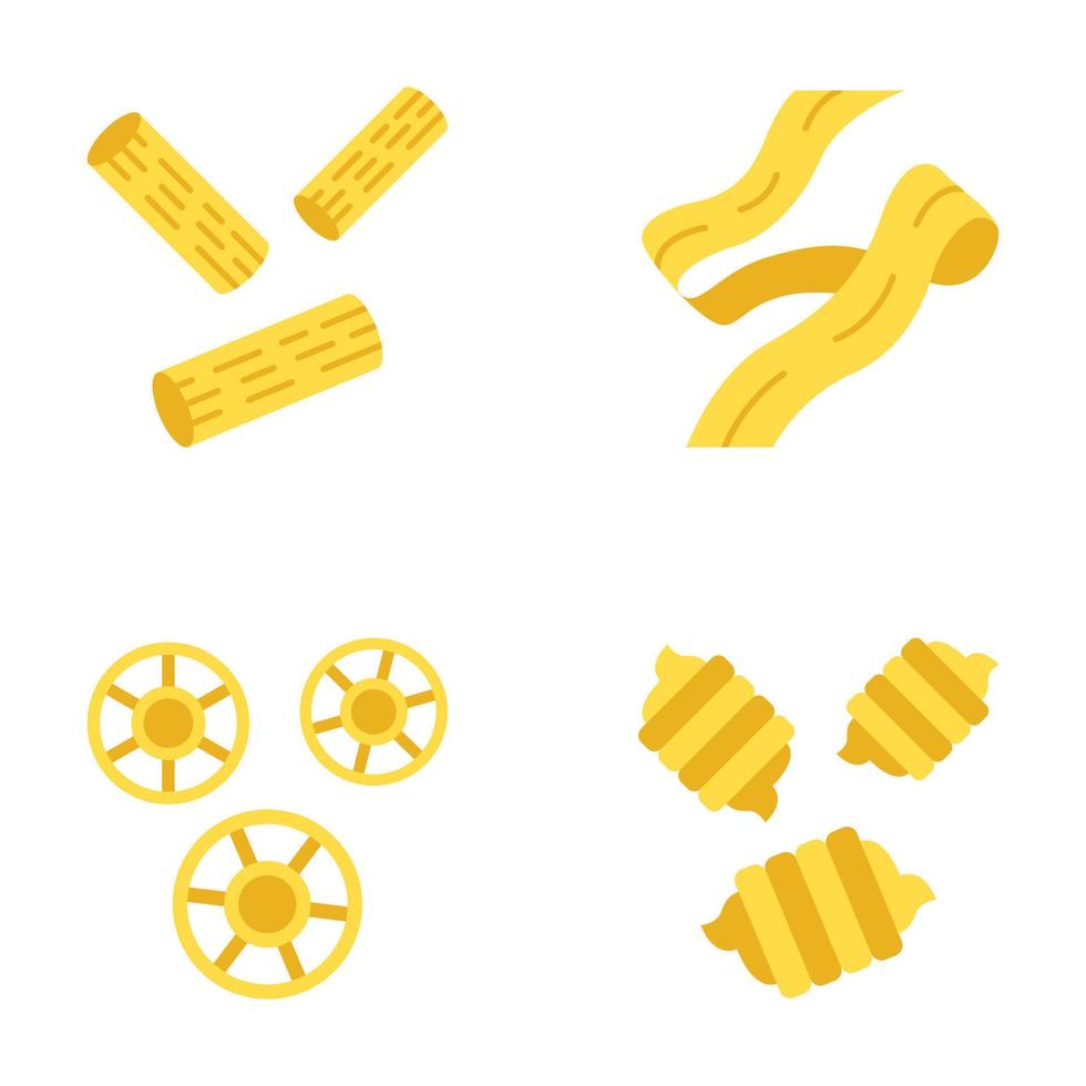 pasta noedels typen platte ontwerp lange schaduw kleur iconen set. traditionele mediterrane macaroni. rigatoni, pappardelle, rotelle, riccioli. Italiaans eten. vector silhouet illustraties