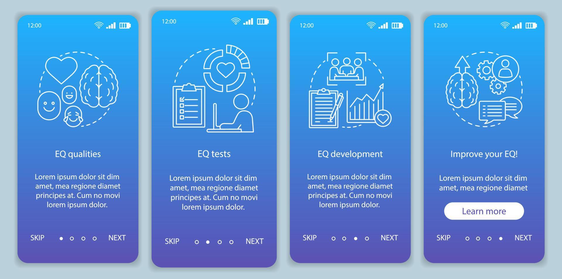 emotionele intelligentie onboarding mobiele app pagina scherm vector sjabloon. eq kwaliteiten, test, ontwikkeling. walkthrough website stappen met lineaire illustraties. ux, ui, gui smartphone-interfaceconcept