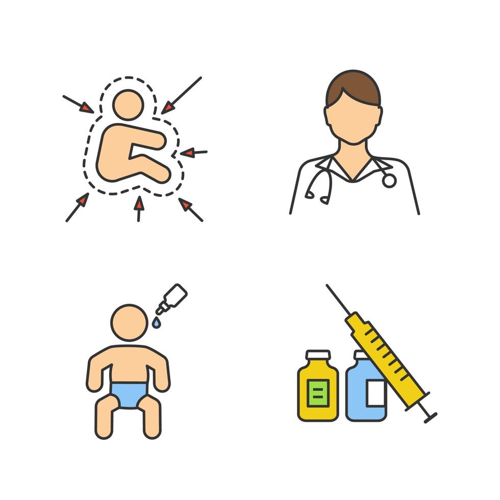 kinderen vaccinatie en immunisatie gekleurde pictogrammen instellen. kindergeneeskunde. kinderimmuunsysteem, kinderarts, oraal vaccin, spuit en injectieflacons. geïsoleerde vectorillustraties vector