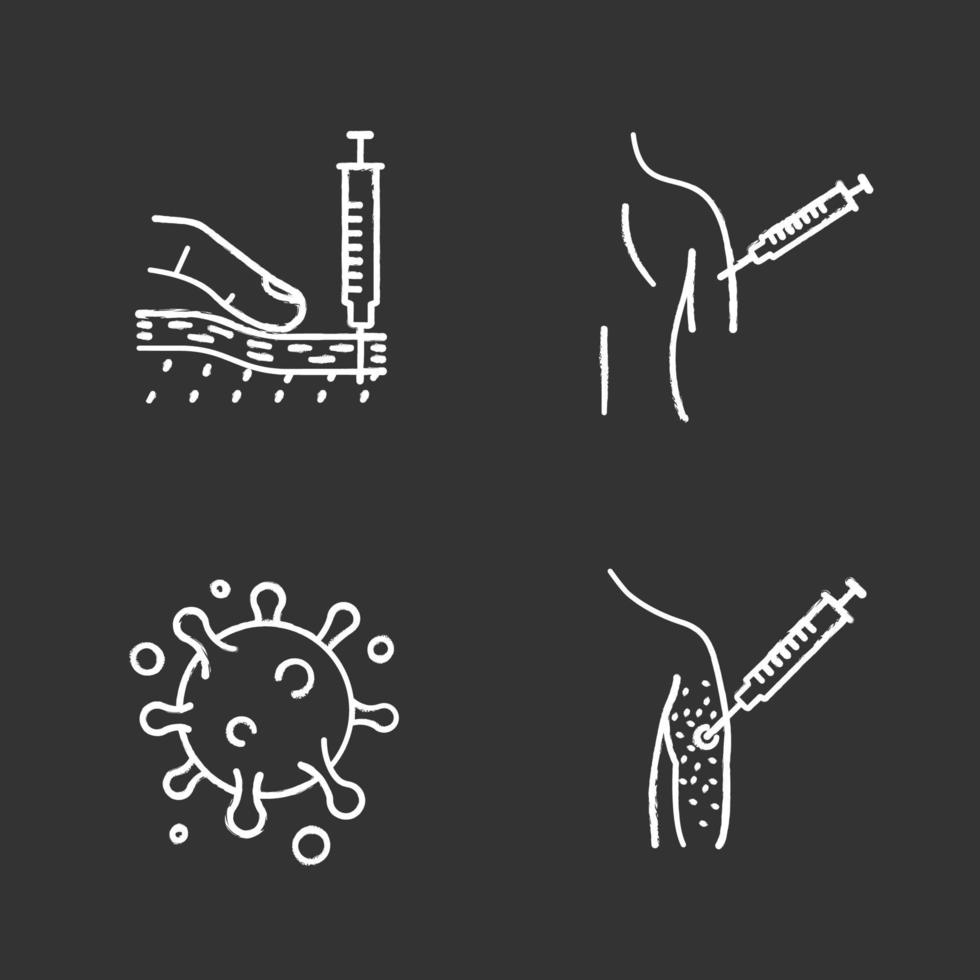 vaccinatie en immunisatie krijt pictogrammen instellen. subcutane injectie, griepprik, griepvirus, vaccinallergie. geïsoleerde vector schoolbord illustraties