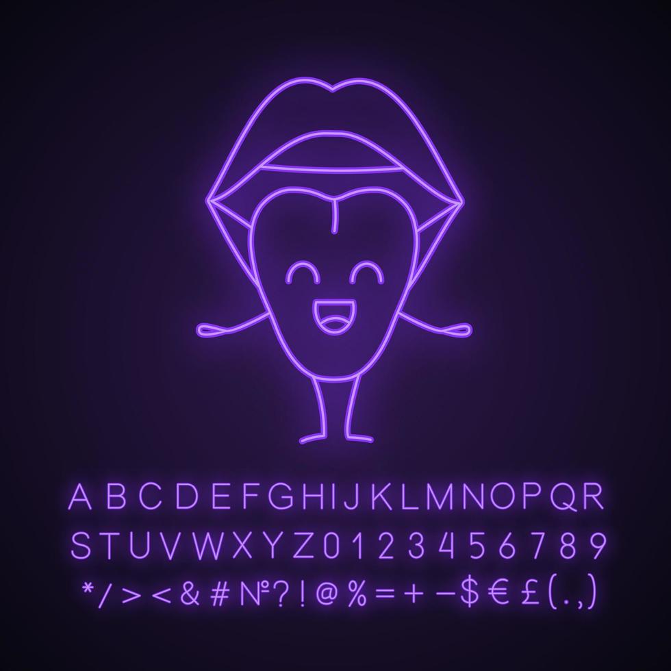 lachende tong emoji neon licht icoon. open vrouwelijke mond. gezonde mondholte. gezondheid van de keel. gloeiend bord met alfabet, cijfers en symbolen. vector geïsoleerde illustratie