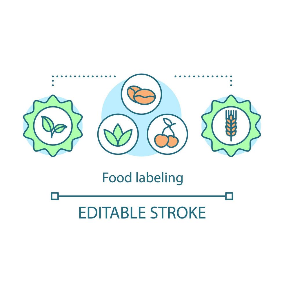 voedsel etikettering concept icoon. producten verpakking standaards idee dunne lijn illustratie. voedselkwaliteit, veiligheidstags. voedingsfeiten. vector geïsoleerde overzichtstekening. bewerkbare slag