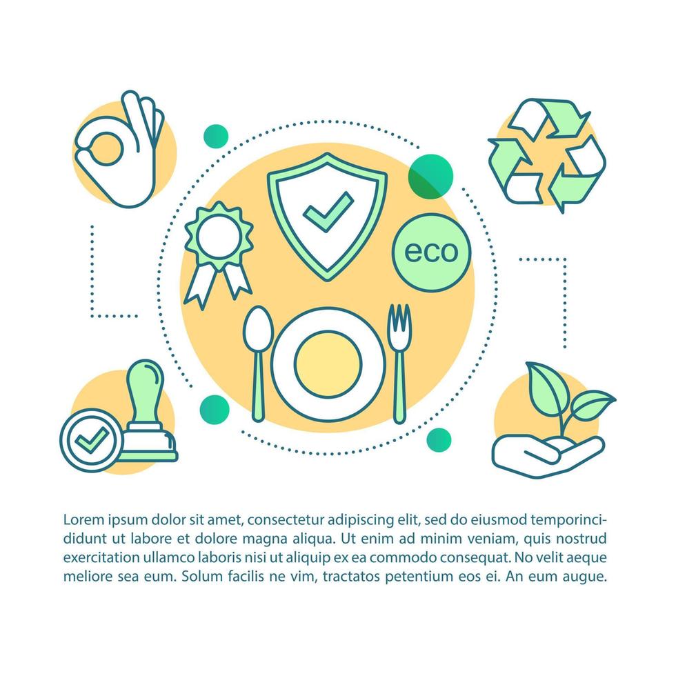 voedselveiligheid concept lineaire afbeelding. ecologische producten. artikel, brochure, tijdschriftpagina. biologisch voedsel. dunne lijnpictogrammen met tekst. print ontwerp. vector geïsoleerde overzichtstekening