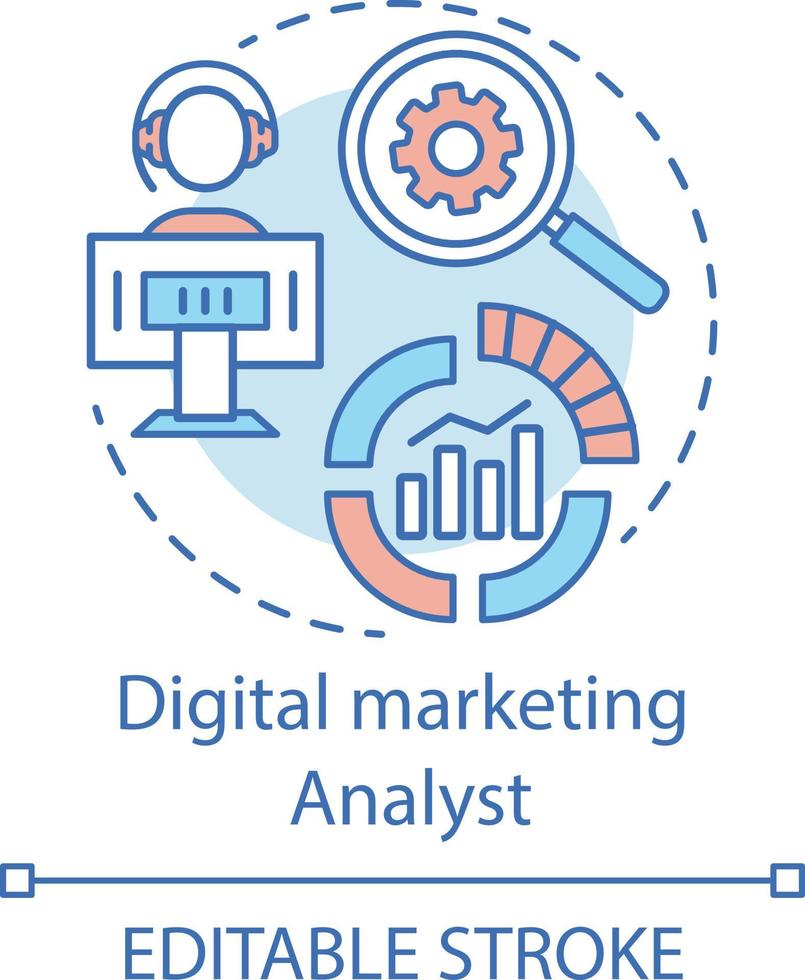 digitale marketing analist concept icoon. web analytics specialiteit idee dunne lijn illustratie. online statistieken analyse. producten promotie. vector geïsoleerde overzichtstekening. bewerkbare streek