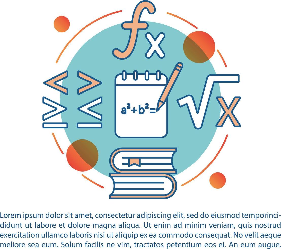 het oplossen van vergelijking, formule artikelpagina vector template.math, algebra. brochure, tijdschrift, boekje ontwerpelement met lineaire pictogrammen en tekstvakken. print ontwerp. conceptillustraties met tekstruimte