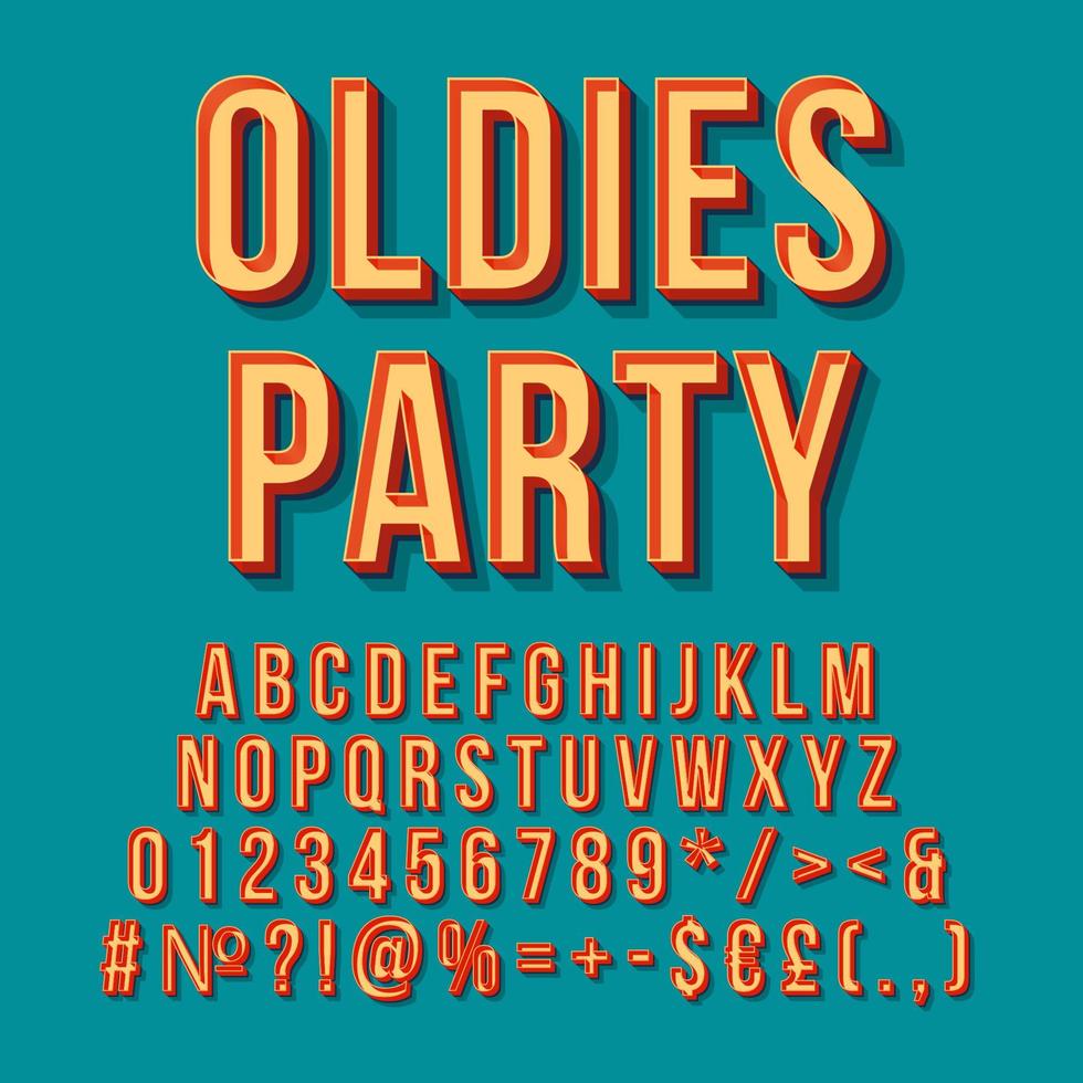 oldies partij vintage 3D-vector belettering. retro vet lettertype, lettertype. popart gestileerde tekst. old school stijl letters, cijfers, symbolen, elementen. Jaren '90, '80 poster, spandoek. grenen kleur achtergrond vector