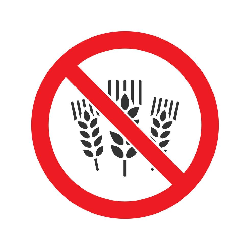 verboden bord met tarwe oren glyph icoon. stop silhouet symbool. glutenvrij. negatieve ruimte. vector geïsoleerde illustratie