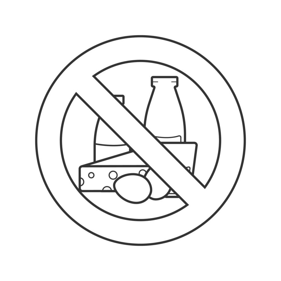 verboden bord met zuivel lineair pictogram. lactose vrij. dunne lijn illustratie. stop contour symbool. vector geïsoleerde overzichtstekening