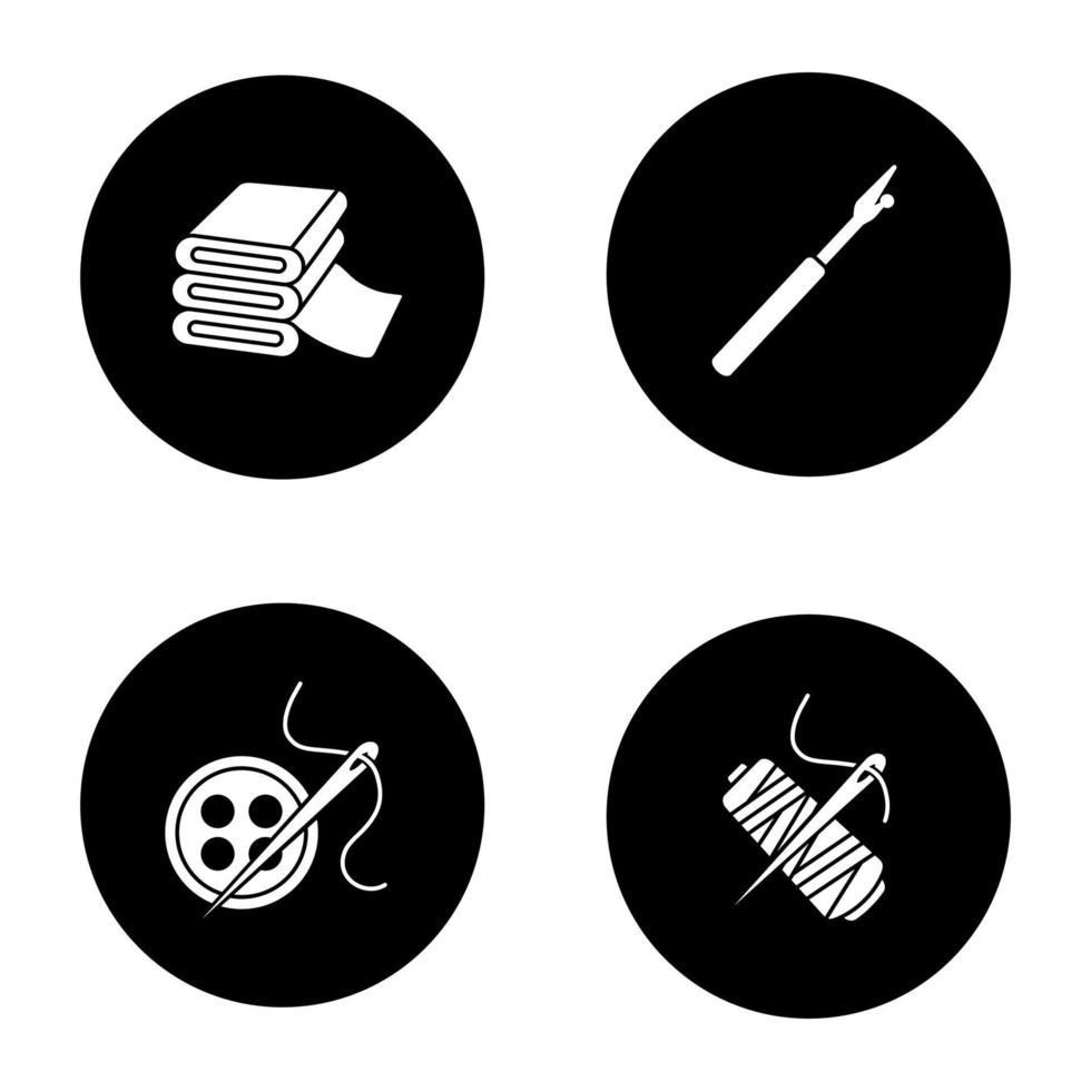 afstemming van glyph-pictogrammen instellen. naaien tornmesje, naald, draadspoel, knopen, stofstapel. vector witte silhouetten illustraties in zwarte cirkels