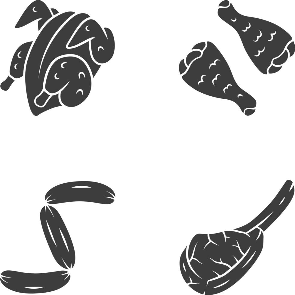 slagers vlees glyph pictogrammen instellen. kippenkarkas en drumsticks, tomahawk steak, worstjes, varkensribbetjes. eiwit bronnen. slagerij bedrijf. vlees productie. silhouet symbolen. vector geïsoleerde illustratie